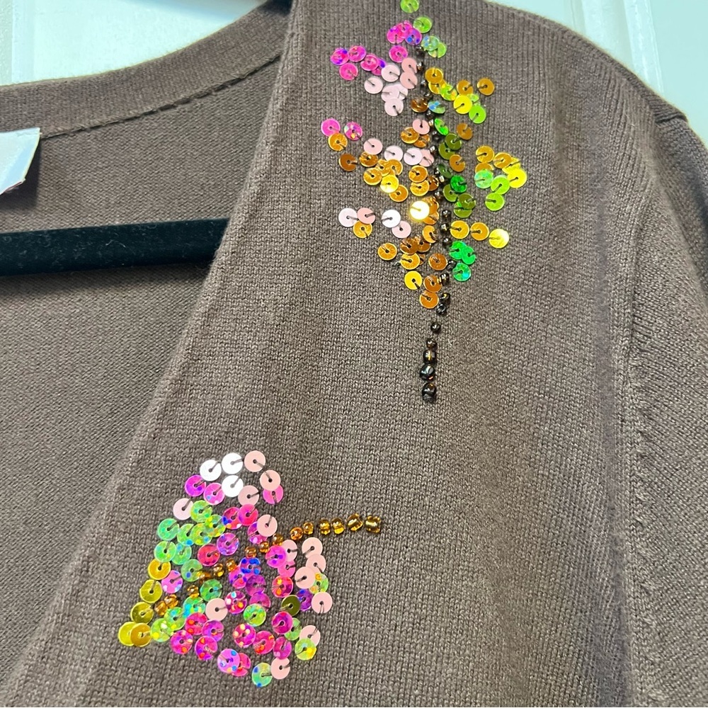 Quacker Factory Cardigan XL Brown Sequin Embellished Sweater Button Front Cute - Picture 4 of 7